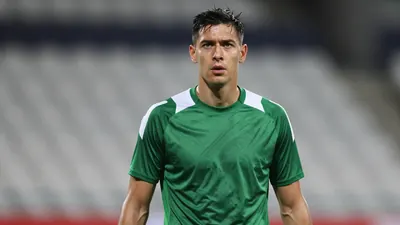 Mid-30s goalkeeper, lean muscular build, waist-up, intense gaze, dark green and white training top with plain cotton...
