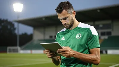 A tight waist-up shot of a rugged, 32-year-old, no-nonsense centre-back in a plain, dark green and white Cercle Brugge...