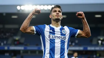 A photorealistic image of a Club Brugge player, mid-20s, muscular build, wearing a blue and white striped jersey...