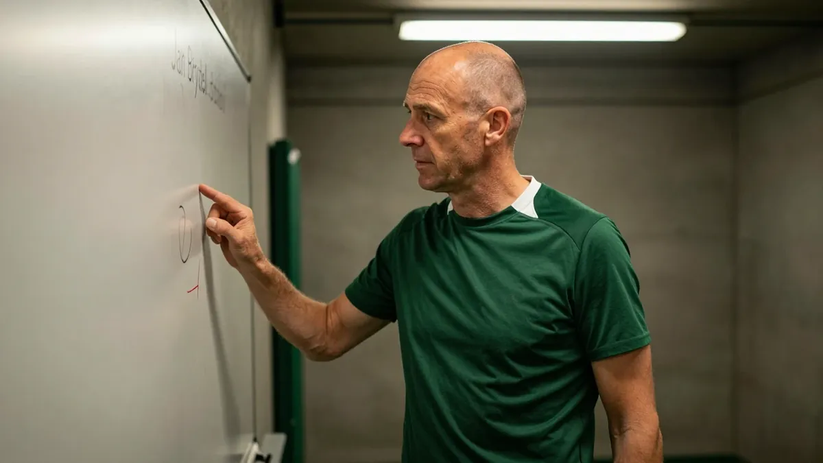 A tight waist-up shot of a rugged, 35-year-old, balding assistant coach in a dark green and white plain cotton training...