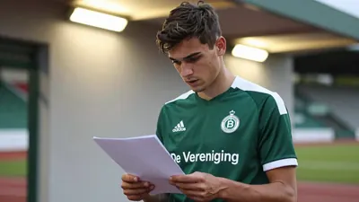 A 22-year-old, lean-built male defender with a rugged complexion, dressed in a plain, dark green and white cotton...