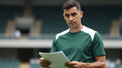 Mid-30s, athletic club director, waist-up, intense gaze, signing a transfer contract;