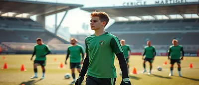 Joel Ndala, 20, English left-winger, sprinting down a rain-slicked pitch in a plain blue and black training kit, his hair...