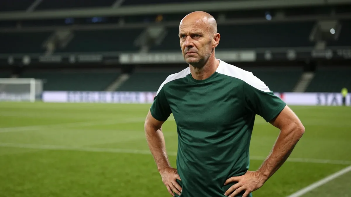 A 35-year-old, ruggedly-built, balding assistant coach of Cercle Brugge, dressed in a dark green and white plain training...