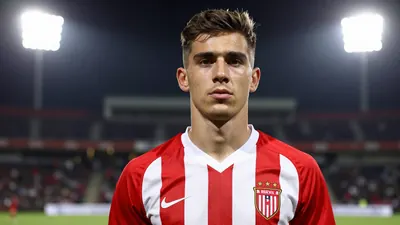 Photorealistic portrait of a 20-year-old male footballer in a red and white striped jersey, standing on a football pitch...