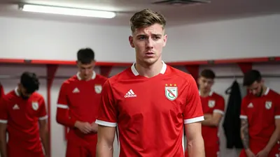 A 23-year-old striker in a red Shelbourne jersey, standing in a dressing room with teammates in the background blurred...